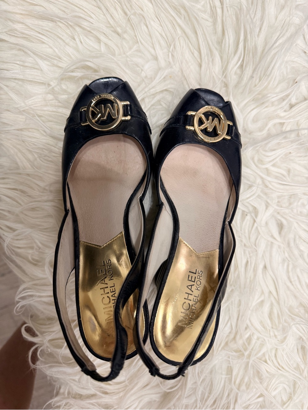 Michael Kors Black Leather Slingback Flats with Gold Logo